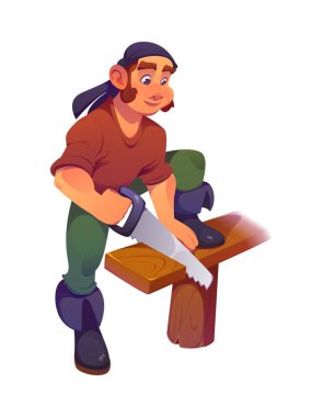 Korsan marangoz gemisi karikatür karakteri bandana takan bir karikatür karakteri el testeresi ile ahşap bir kalas kesiyor, işçilik, ahşap işçiliği ve el işçiliğine neşeli bir yaklaşım sergiliyor.