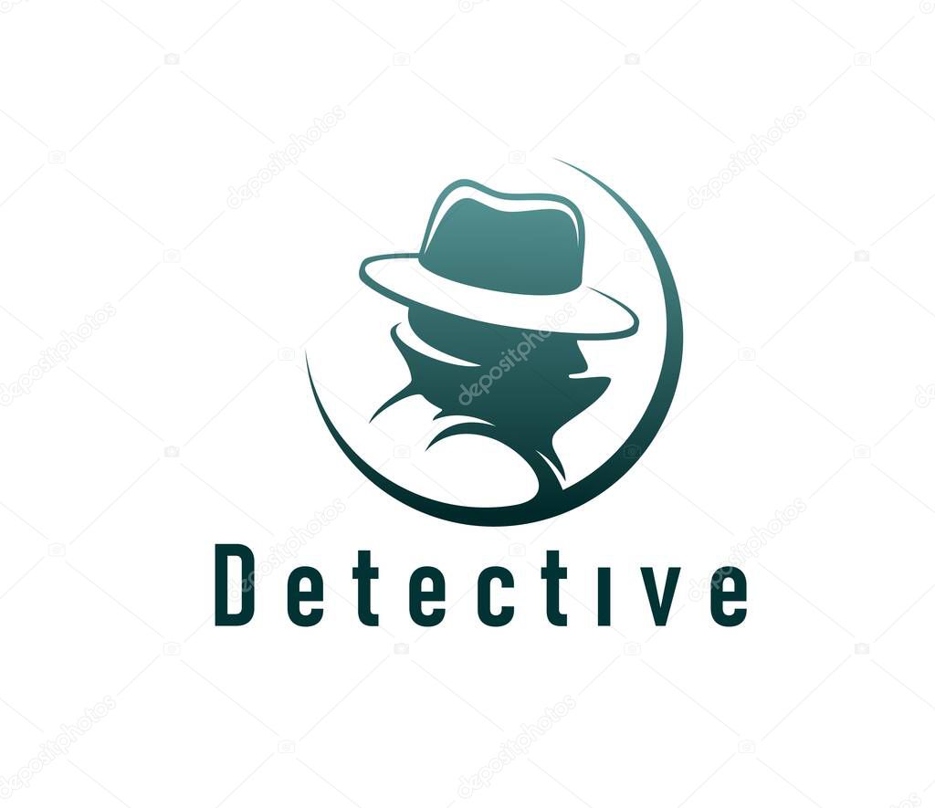 Private detective icon, crime police inspector, secret agent or spy. Vector emblem depicting mysterious silhouette in a fedora hat and trench coat, enclosed in a circular shape, symbolizes secrecy