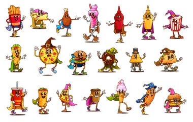 Çizgi film cadılar bayramı fast food ve içecek karakterleri. Cadılar Bayramı kostümü içinde geçmişe dönük hippi pizza, hamburger ve sosisli sandviç karakterleri. Psikedelik patatesler, patlamış mısır, dondurma ve kahve.