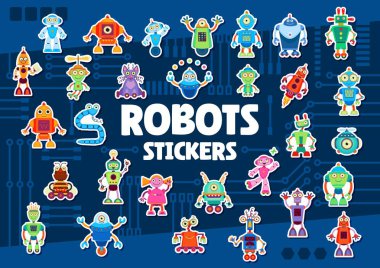 Çizgi film robotları ve droidlerin çıkartmaları. Sayborglarla vektör yamaları, yapay zeka, komik yüz ifadeleri olan akıllı makine karakterleri. Eğlenceli ve dost canlısı mekanik kişilikler.