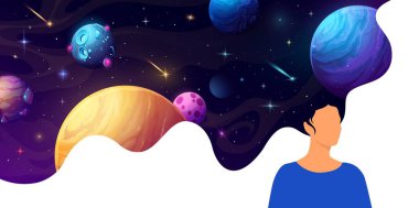 Uzay saçlı ve yıldızlı gökyüzünde galaksi gezegenleri olan kadın, vektör arkaplan. Uzay saçı olan kız ya da kadın ya da galaksi ve kozmik fantezi hakkında düşünürken UFO 'lar, asteroidler ya da kuyruklu yıldızlar.