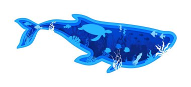 Kağıt, sualtı manzaralı balina silueti, deniz hayvanları, kaplumbağa ve deniz yosunlarıyla kesilir. Üfürükçü hayvan şeklinde 3D vektör karesi okyanus derinlikleri ve deniz yaşamının dingin güzelliğini yakalar.