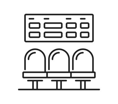 Tren yolu ve tren istasyonunun ikonu, takvimi, vektör piktogramı var. Tren yolu ve demiryolu hattı metro, yeraltı ve tramvay istasyonlarının sembolü bekleme odasının yolcu koltukları