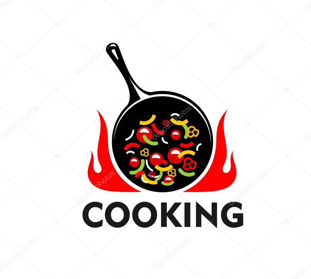 Cook pan icon of frypan in fire flames with gourmet food, vector emblem for cuisine restaurant. Cook pan symbol of wok with vegetables for chef food restaurant and BBQ grill and gastro bar menu