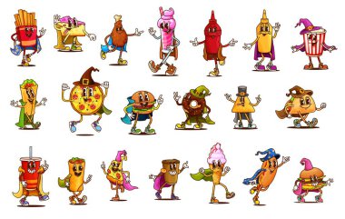 Çizgi film cadılar bayramı fast food ve içecek karakterleri. Cadılar Bayramı kostümü içinde geçmişe dönük hippi pizza, hamburger ve sosisli sandviç karakterleri. Psikedelik patatesler, patlamış mısır, dondurma ve kahve.