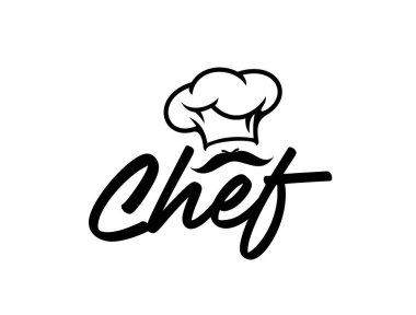Şef aşçı toque simgesi. Minimalist siyah-beyaz restoran yemekleri ve zarif el yazısı şefin üzerinde şapka ve bıyık bulunan mutfak etiketi. Modern konukseverlik hizmeti amblemi