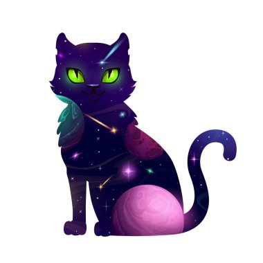 Uzay kedisi, vektör fantezi gökyüzü silueti kozmik bir galaksi sahnesiyle dolu, parlayan yeşil gözler, gezegenler, yıldızlar, ve kuyruklu yıldızlar, mistik cazibeyi dış uzayla harmanlayan