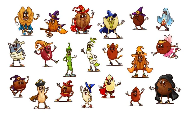Groovy Halloween nut and legume characters. Retro psychedelic food vector personages in Halloween costumes. Cute groovy walnut, almond, hazelnut and peanut, pistachio, cashew and coconut with hats — Illustration Groovy Halloween Nut Legume Characters Retro Psychedelic Food Vector Personages — Stock Vector