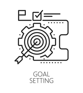 Yaşam becerileri çizgisi simgesi ya da simgesi belirleme hedefi. İnsanlar, yetenek ana hatları vektör simgesi, insan yaşam becerileri çizgisi çizgisi çizmeyi hedefliyor. Hedefte ok olan kişisel potansiyel işaret ya da sembol