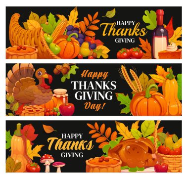 Karikatür sonbahar balkabağı, hindi ve hasat kornucopiası olan Şükran Günü afişleri. Sonbahar yapraklı mısır, turta ve şarap Şükran Günü pankartları için karatahta arka planda