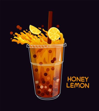 Bal limonlu sütlü çay fincanı. Restoran köpüklü çayı, tatlı kokteyl karikatür vektör sıçraması, paket kahve, milkshake içeceği. Limonlu, ballı ve samanlı fast food içeceği