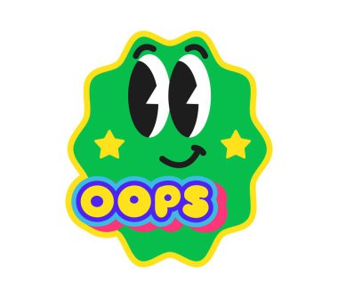 Oops Y2K stiovy sticker veya funky sembol. Retro 60 'ların modası geçmiş vektör etiketi, klasik şirin funky etiketi. Hippi 80 'lerin Y2K etiketi ya da mutlu emoji karakteri yeşil yüzlü komik pozitif çizgi film yaması.