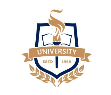 Uluslararası üniversite, kolej ligi ikonu veya amblemi. Akademi vektör simgesi, işletme fakültesi amblemi. Uluslararası Üniversite Mührü veya rozeti Defne çelengi, yangın meşalesi, açık kitap ve kalkan