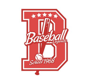 Okul spor harfi B, üniversite ligi yama etiketi. Beyzbol takımının tipografi işareti vektör baskısı, takım atletik lig klasik amblem yaması. Beyzbol topu ve sopasıyla spor kulübü etiketi.