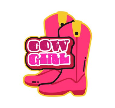 Kovboy kız Western ve Vahşi Batı Y2K stiovy sticker ya da klasik etiket. Batı çiftliği ve 60 'ların rodeo vektör yaması veya Y2K etiketi. Pembe kovboy çizmeleri ve grunge tipografisi olan Vahşi Batı kültürü çıkartması.