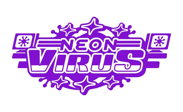 Bilgisayar virüsü ve teknoloji klasik Y2K simgesi veya amblemi. Bilgisayar şirketi 60 'ların vektör sembolü, retro yazılım ikonu. PC teknolojisi Y2K işareti veya monitörler, yıldızlar ve mor tipografi içeren element