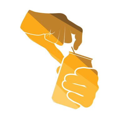 İnsan Elleri Alüminyum Kutu Simgesini Açıyor. Düz Renk Tasarımı. Vektör İllüstrasyonu.