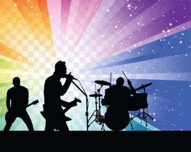 Renkli arka planda rock grubu silueti. Şeffaflık ile vektör illüstrasyonu.