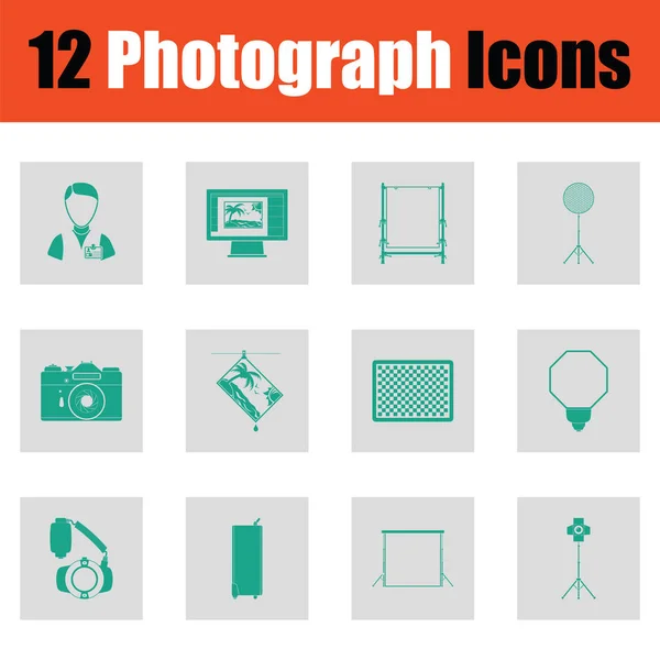 Conjunto Iconos Fotografía Verde Sobre Diseño Gris Ilustración Vectorial — Archivo Imágenes Vectoriales