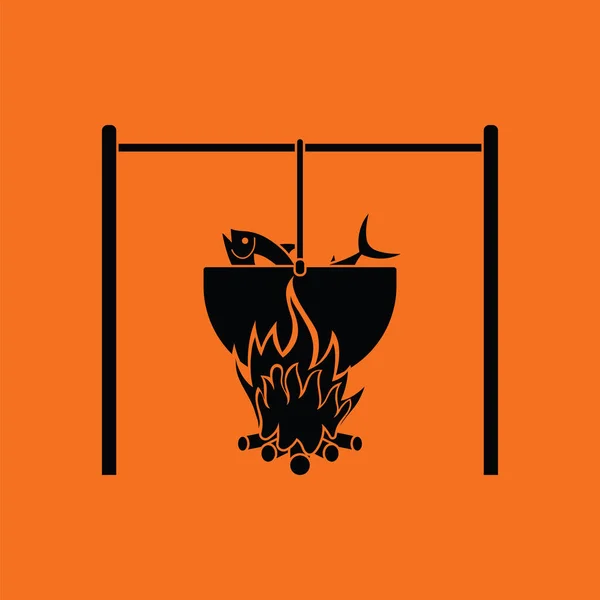 Icône Feu Pot Pêche Fond Orange Avec Noir Illustration Vectorielle — Image vectorielle