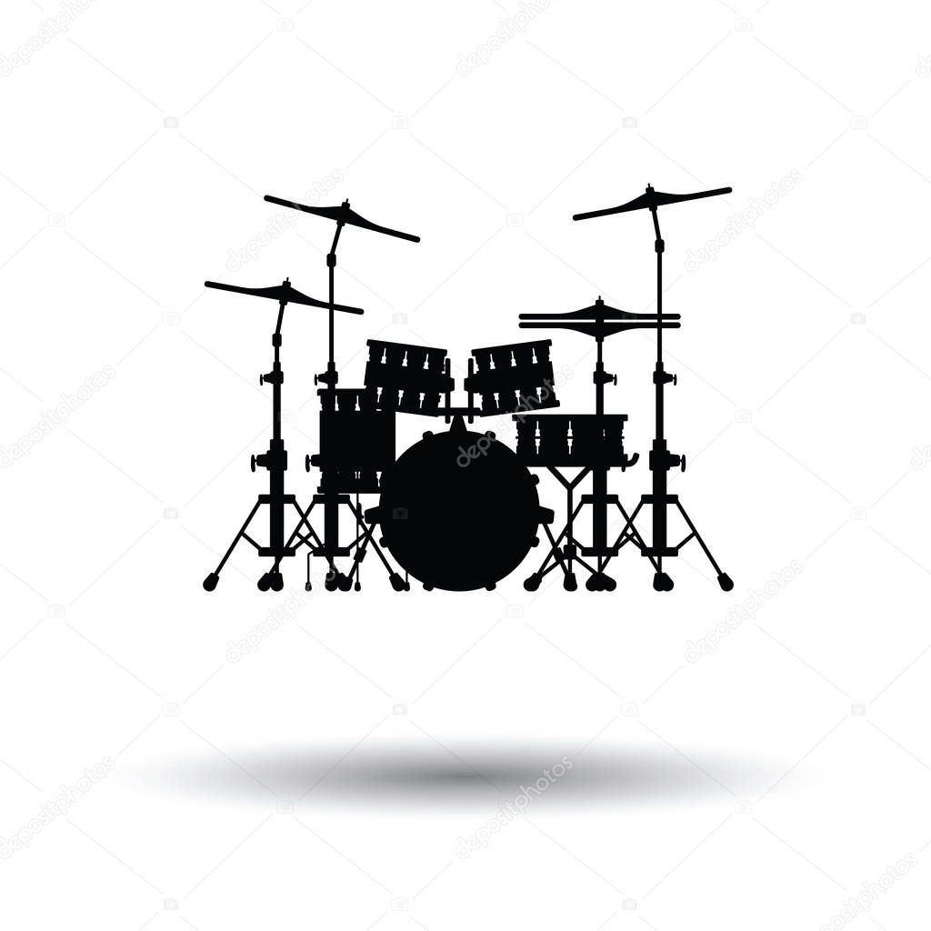 Drum set icon. White background with shadow design. Vector illustration.