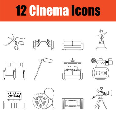 Bir dizi sinema ikonu. İnce çizgi tasarımı. Vektör illüstrasyonu.