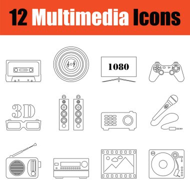 Çokluortam simgeleri. İnce çizgi tasarımı. Vektör illüstrasyonu.