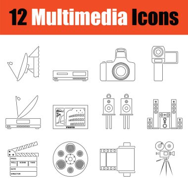 Çokluortam simgeleri. İnce çizgi tasarımı. Vektör illüstrasyonu.