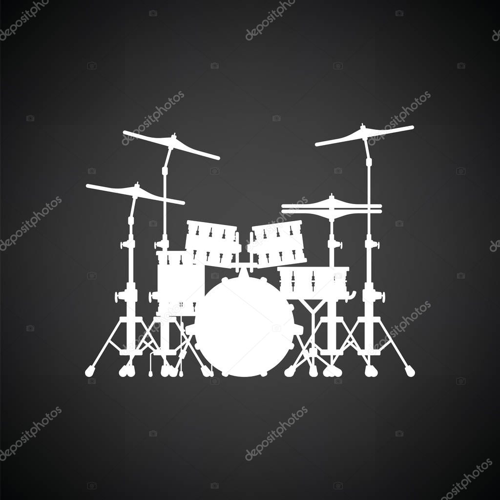 Drum set icon. Black background with white. Vector illustration.