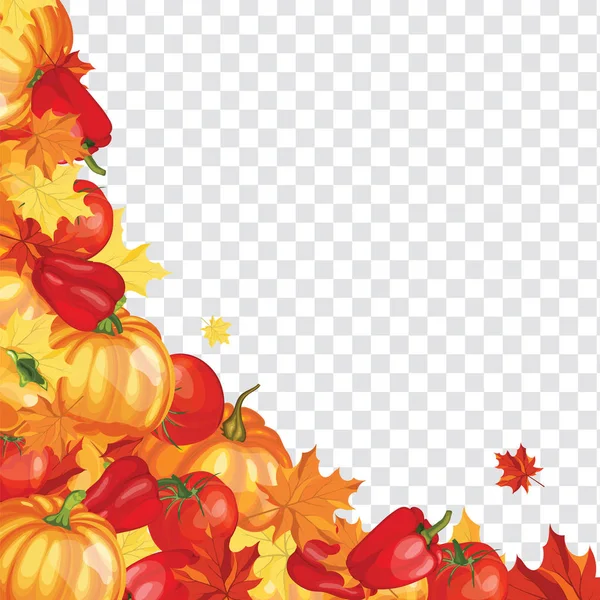 感謝祭の日グリーティング カード デザイン構成からカボチャ コショウ トマト メープルの葉の透明度 アルファ グリッドと太陽光線 フレア 非常にキュートで暖かい色 — ストックベクタ