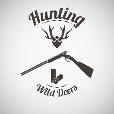 Av Vintage Amblemi. Cephaneli Av Silahı ve Geyik Antler Silueti açıldı. Koyu kahverengi Retro Style. Vektör İllüstrasyonu. 