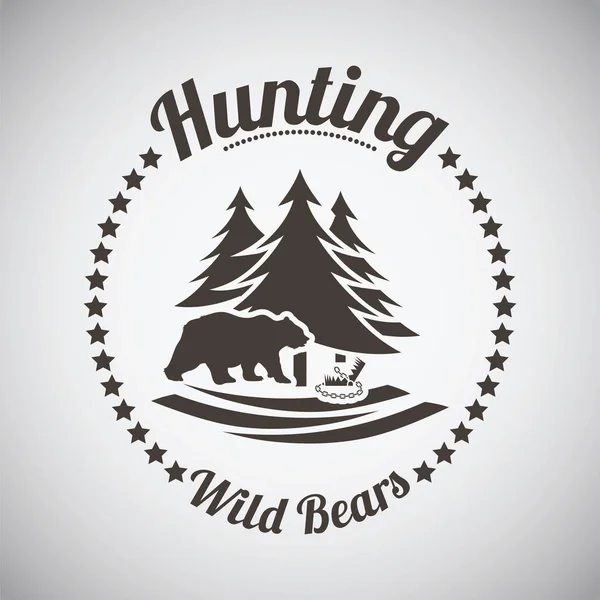 Vadászat Vintage Emblémát Wild Bear Silhouette Nyitott Csapda Firs Háttér — Stock Vector