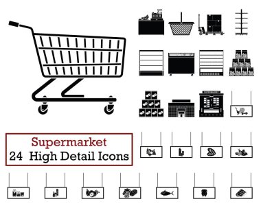 24 süpermarket simgeler kümesi. Tek renkli renk tasarımı. Vektör çizim.