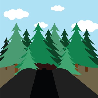 Köknar ormanda av sahne düz tasarım. Vektör çizim.