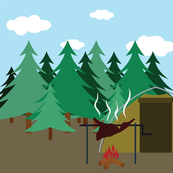 Escena Diseño Plano Caza Bosque Abeto Ilustración Vectorial — Vector de stock