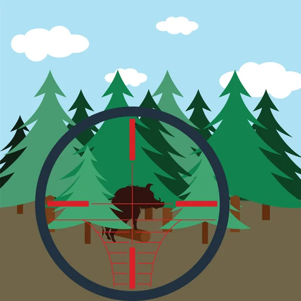 Escena Diseño Plano Caza Bosque Abeto Ilustración Vectorial — Vector de stock