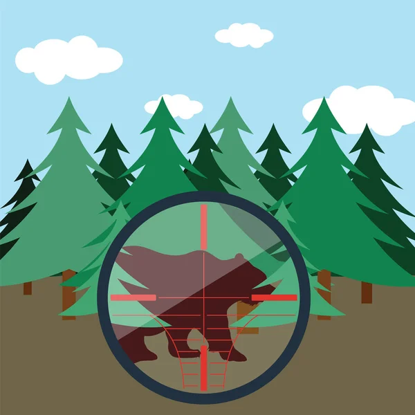 Escena Diseño Plano Caza Bosque Abeto Ilustración Vectorial — Vector de stock