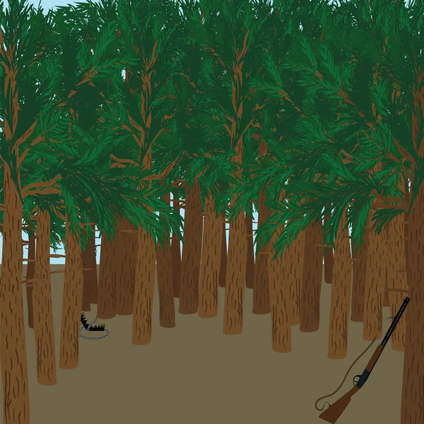 杉木森林狩猎平面设计场景 矢量插图 — 图库矢量图片