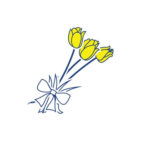 Tulpen Boeket Pictogram Met Gebonden Boog Dunne Lijn Ontwerp Vectorillustratie — Stockvector