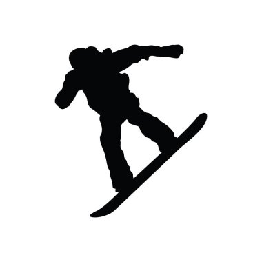 Snowboard adam siluet. Beyaz üzerine siyah. Vektör çizim.