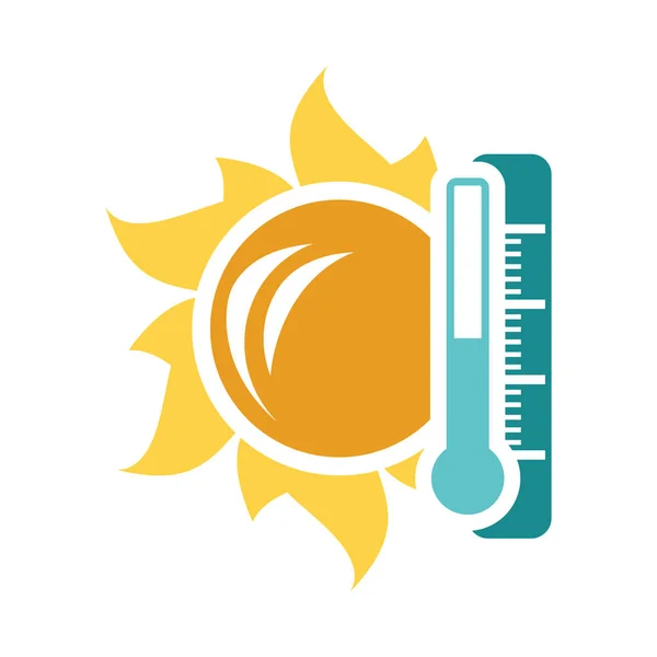Sol y termómetro con icono de alta temperatura — Vector de stock