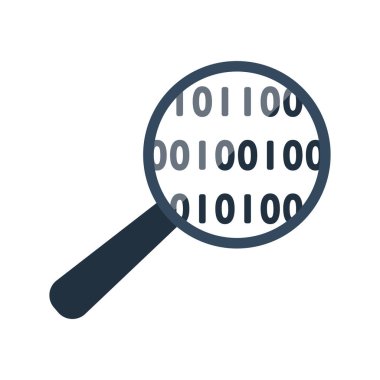 Veri Analizi Simgesi. İkili kodlu büyüteç. Düz renk tasarımı. Veri serisi. Vektör illüstrasyonu.