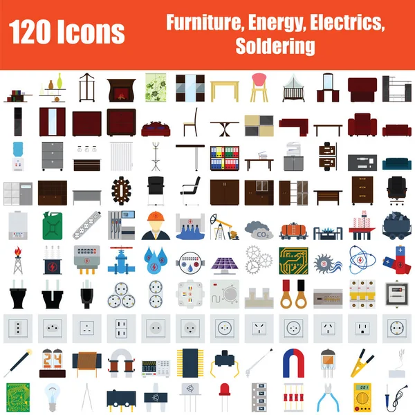 Conjunto 120 Iconos Muebles Energía Electricidad Temas Soldadura Diseño Plano — Vector de stock