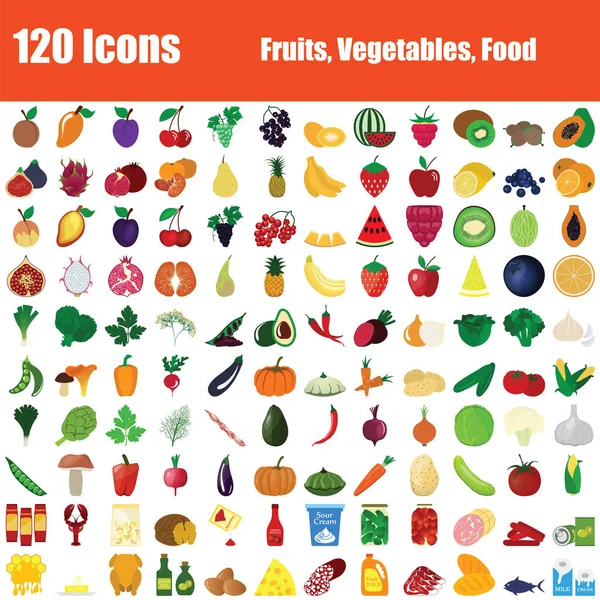 Uppsättning 120 Ikoner Frukt Grönsaker Mat Teman Färg Platt Design — Stock vektor
