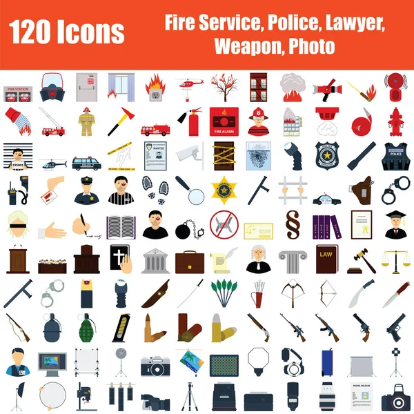 Set 120 Ikon Layanan Pemadam Kebakaran Polisi Pengacara Senjata Tema - Stok Vektor