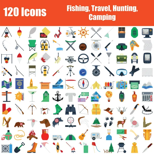 Set 120 Icone Pesca Viaggi Caccia Temi Del Campeggio Colore — Vettoriale Stock