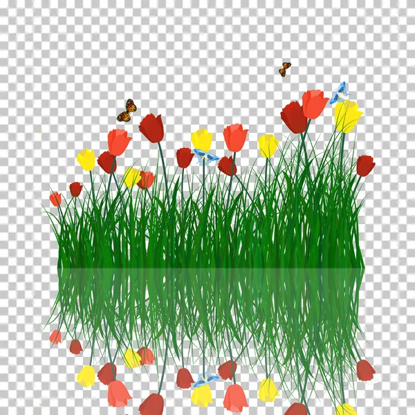 Тюльпани в траві з відображенням у воді — стоковий вектор