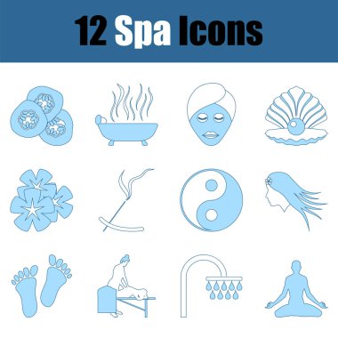 Spa Simgesi Ayarları. Mavi Dolgu Tasarımı ile ince çizgi. Vektör İllüstrasyonu.