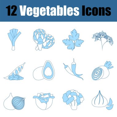 Sebze Icon Set. Mavi Dolgu Tasarımı ile ince çizgi. Vektör İllüstrasyonu.