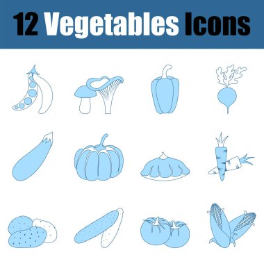 Sebze Icon Set. Mavi Dolgu Tasarımı ile ince çizgi. Vektör İllüstrasyonu.